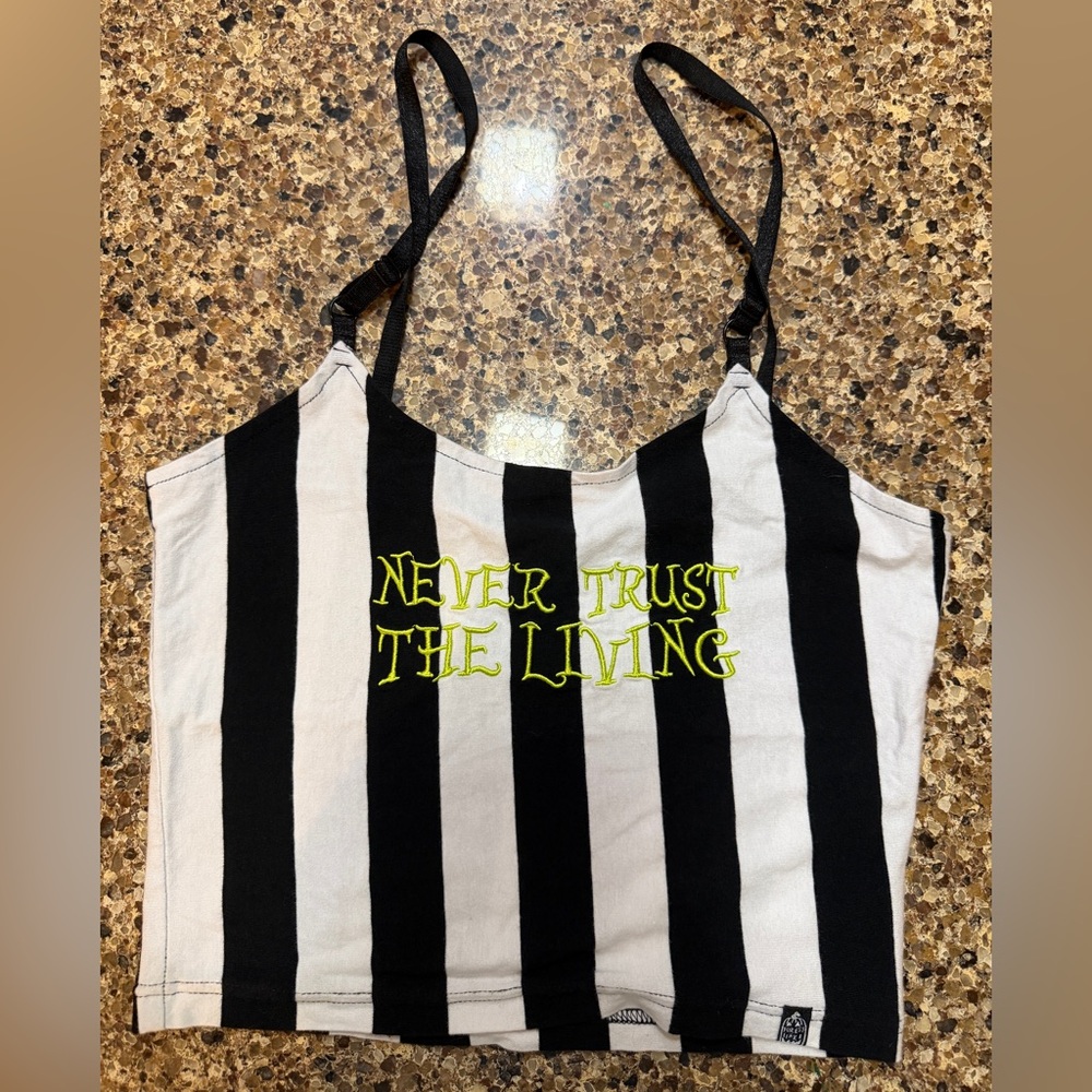 Beetlejuice Never Trust The Living Tim Burton Striped Tank Top with Neon Text